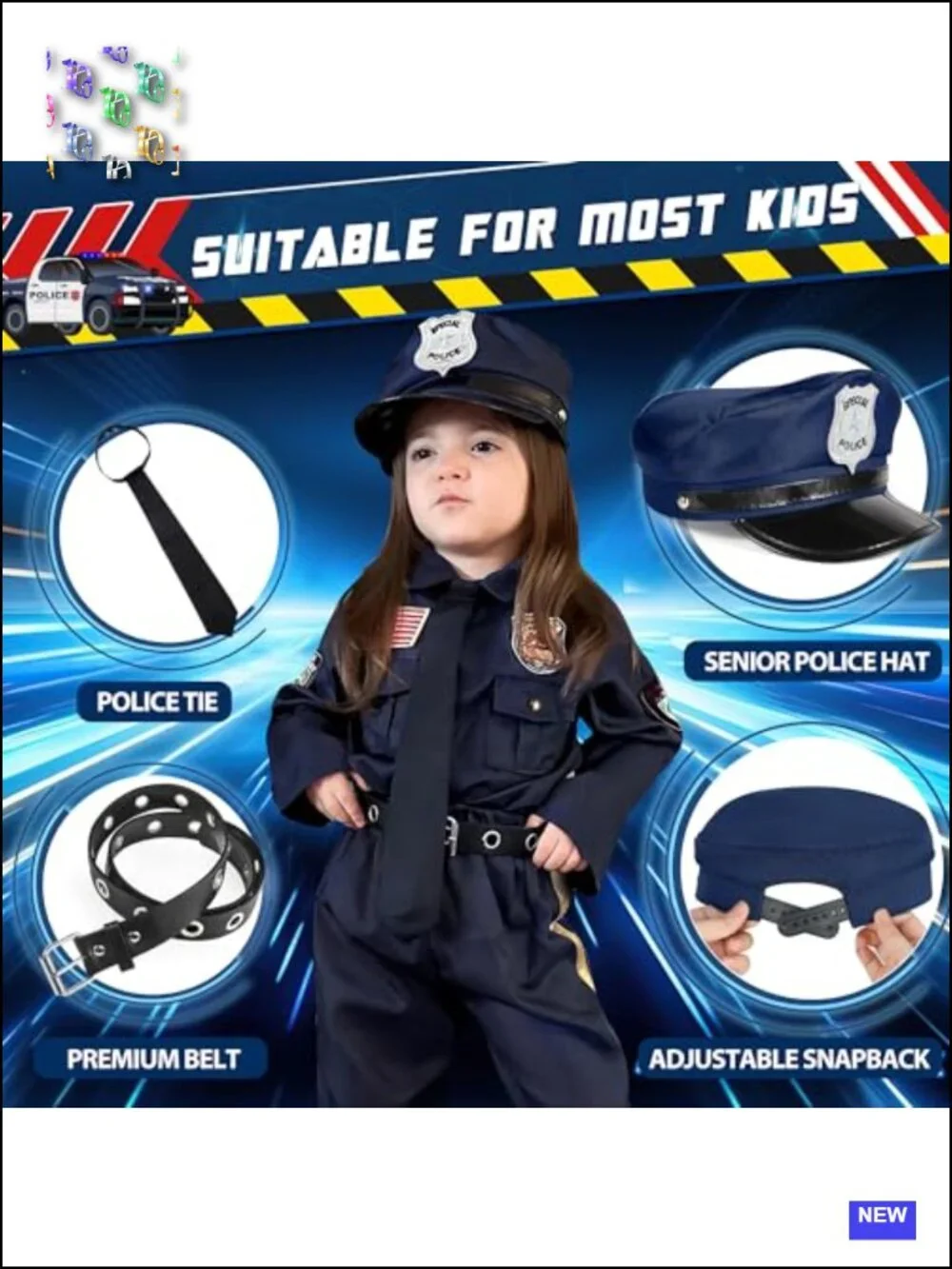 Kids Police Officer Costume Set - 5 Piece Halloween Dress Up Uniform with Hat &